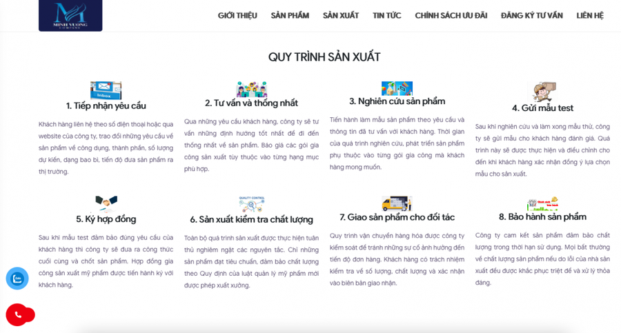 Tại website: minhvuongltd.com của Công ty TNHH dược phẩm Minh Vương đăng tải thông tin Công ty Minh Vương Company sở hữu hệ thống các nhà máy sản xuất đều đạt tiêu chuẩn GMP, ISO với dây chuyền sản xuất hiện đại, đồng bộ, khép kín, được nhập khẩu trực tiếp từ Hoa Kỳ, Nhật Bản, Pháp, Hàn Quốc. Ảnh chụp màn hình.
								
							
						
						
					
				
			
			
						
							
								
									
								
								
									Tại website: minhvuongltd.com của Công ty TNHH dược phẩm Minh Vương đăng tải thông tin Công ty Minh Vương Company sở hữu hệ thống các nhà máy sản xuất đều đạt tiêu chuẩn GMP, ISO với dây chuyền sản xuất hiện đại, đồng bộ, khép kín, được nhập khẩu trực tiếp từ Hoa Kỳ, Nhật Bản, Pháp, Hàn Quốc. Ảnh chụp màn hình.
								
							
						
						Tại website: minhvuongltd.com của Công ty TNHH dược phẩm Minh Vương đăng tải thông tin Công ty Minh Vương Company sở hữu hệ thống các nhà máy sản xuất đều đạt tiêu chuẩn GMP, ISO với dây chuyền sản xuất hiện đại, đồng bộ, khép kín, được nhập khẩu trực tiếp từ Hoa Kỳ, Nhật Bản, Pháp, Hàn Quốc. Ảnh chụp màn hình.