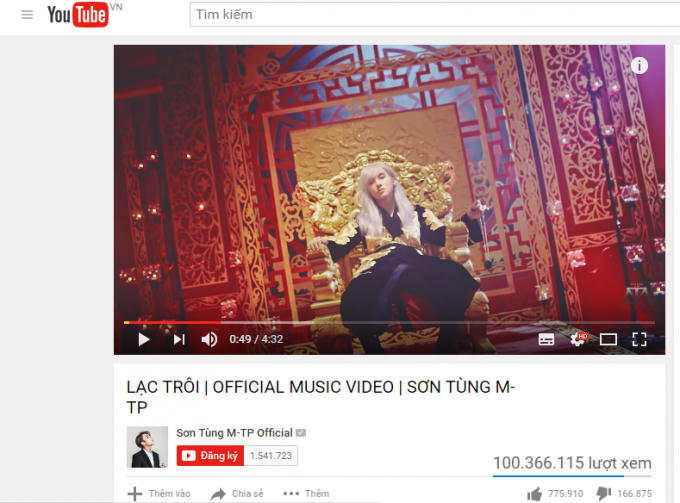Lạc Trôi của Sơn Tùng cán mốc khủng 100 triệu view trên Youtube