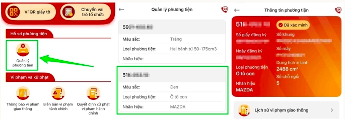 Thông tin về phương tiện có thể được tra cứu dễ dàng trong ứng dụng VNeTraffic ở mục "Quản lý phương tiện". Ảnh chụp màn hình