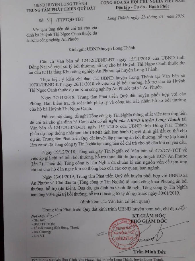 Văn bản của Trung tâm phát triển quỹ đất gửi UBND huyện Long Thành xin ý kiến chỉ đạo, giải quyết về việc tạm ứng tiền cho bà Oanh.