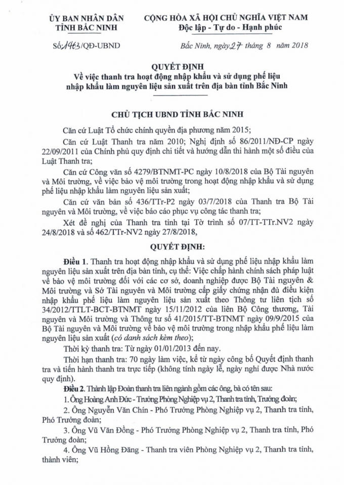 Tỉnh Bắc Ninh thanh tra h&agrave;ng loạt c&aacute;c doanh nghiệp nhập khẩu phế liệu