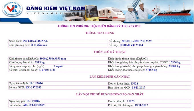 Thông tin theo biển số xe trên cổng thông tin đăng kiểm.