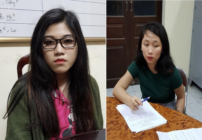 Nguyễn Thị Phương Thảo (bìa trái) và Nguyễn Thị Thanh Hương (bìa phải) tại cơ quan công an.