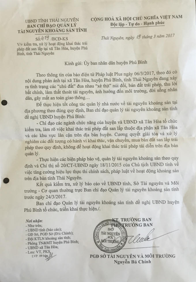 UBND tỉnh Thái Nguyên yêu cầu huyện Phú Bình báo cáo về việc kiểm tra, xử lý hoạt động khai thác đất trái phép trên địa bàn.
