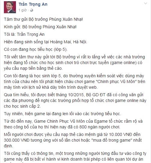 Bức tâm thư của vị phụ huynh gửi đến Bộ trưởng Phùng Xuân Nhạ. (Ảnh: facebook Trần Trọng An)