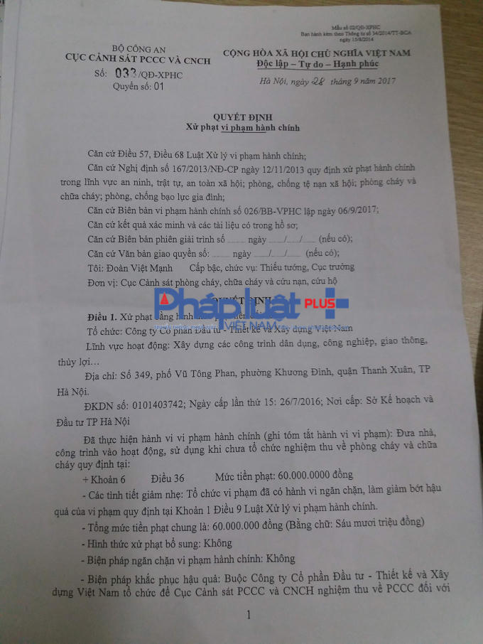 Kỳ 2 - T&ograve;a nh&agrave; Star Tower: Chủ đầu tư VIDEC bị phạt 60 triệu đồng nhưng vẫn c&ograve;n sai phạm PCCC