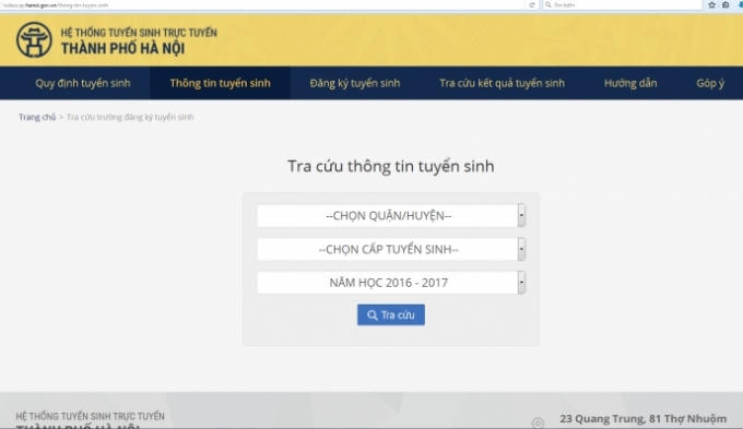 Phần mềm tuyển sinh đầu cấp của Sở GD-ĐT Hà Nội. (Ảnh: Giao thông)