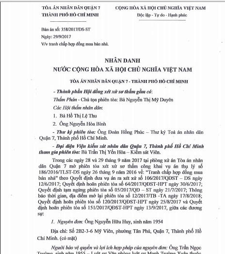 Bản án của TAND quận 7 bác đơn ông Huy.