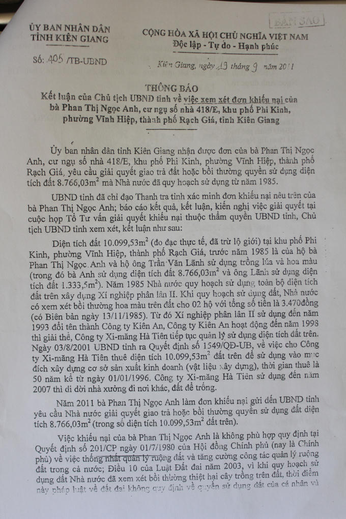 Thông báo số 405/TB- UBND tỉnh Kiên Giang.