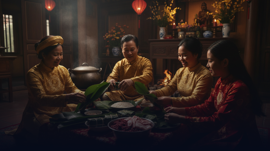 Chiếc bánh chưng vuông vức tượng trưng cho Đất, chiếc bánh giầy tròn trịa tượng trưng cho Trời, gói ghém trong đó là lòng biết ơn đối với thiên nhiên mưa thuận gió hòa và tôn vinh sức lao động cần cù của nền văn minh lúa nước. (Ảnh: Phạm Duy)