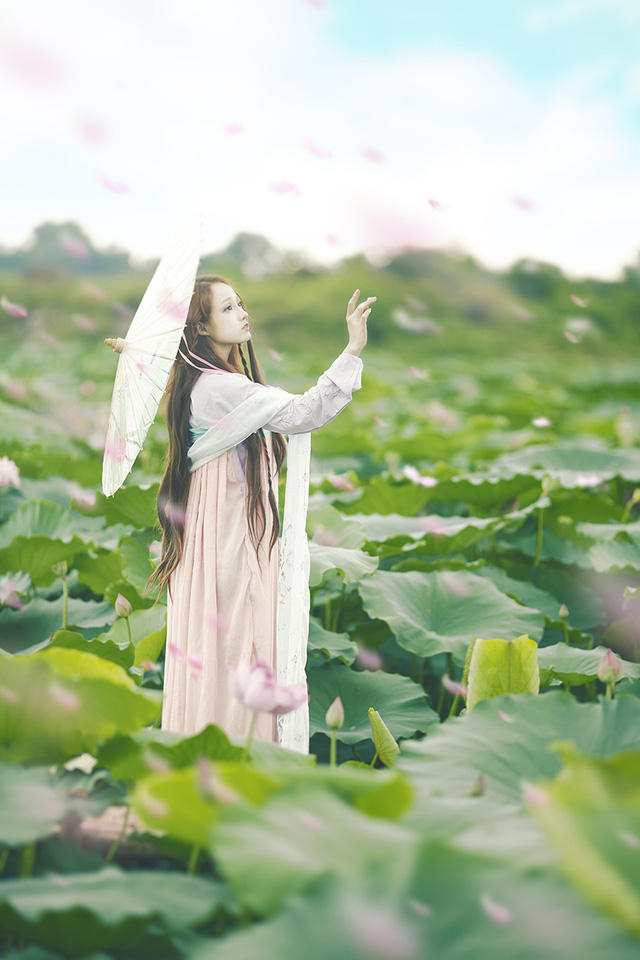 Tạo hình mỹ nhân "mong manh" này hết sức hòa hợp với phong cảnh đầm sen.