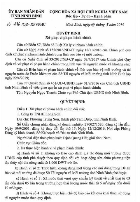 Quyết định xử phạt 524 triệu đồng đối với 4 hành vi vi phạm quy định môi trường của Công ty TNHH Long Sơn.