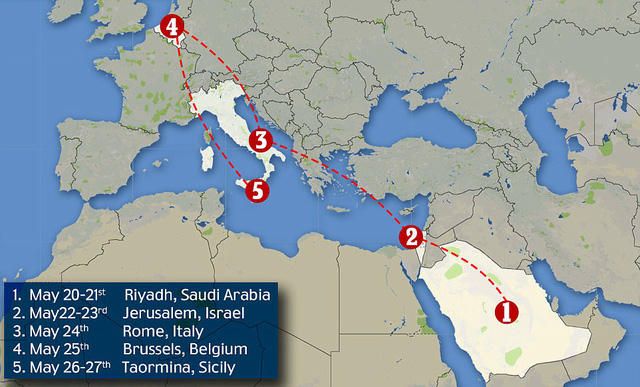 Điểm dừng thứ hai là Israel. Ông Trump sẽ thăm chính thức Israel từ ngày 22-23/5. Tiếp đến là Rome (Italy), Brussels (Bỉ) và Taormina (Sicily). (Ảnh: Dailymail)