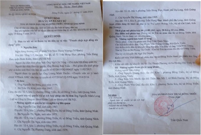 Ngày 20/12, TAND Thị xã Đông Triều, Quảng Ninh sẽ đưa vụ án này ra xét xử theo đơn khởi kiện của Ngân hàng thương mại cổ phần Việt Nam Thịnh Vượng (VP Bank).
