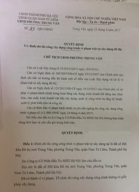 Phường Trung Văn đã ban hành quyết định đình chỉ thi công dự án do xây dựng không có GPXD.