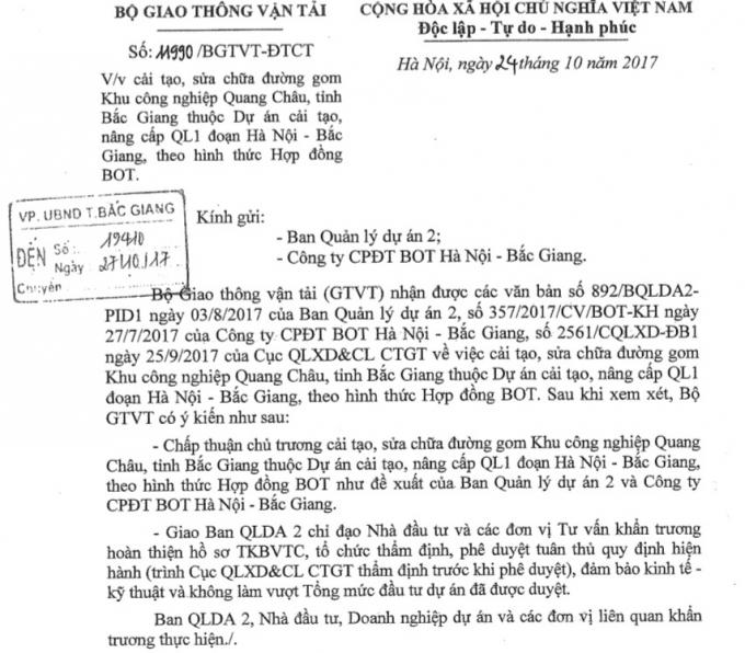 Bộ GTVT chấp thuận chủ trương cải tạo, sửa chữa đường gom KCN Quang Châu, tỉnh Bắc Giang thuộc Dự án cải tạo, nâng cấp QL1 đoạn Hà Nội – Bắc Giang.
