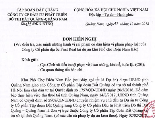 Đơn kiến nghị của Công ty Cổ phần Đầu tư phát triển đô thị Đất Quảng - Quảng Nam gửi các cơ quan chức năng.