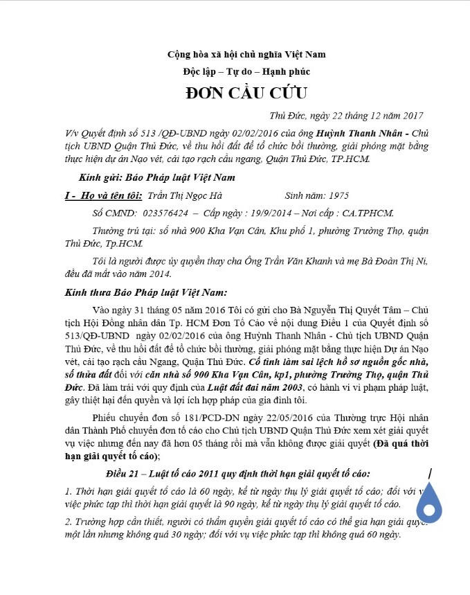 Đơn kêu cứu của bà Hà gửi báo Pháp luật Việt Nam