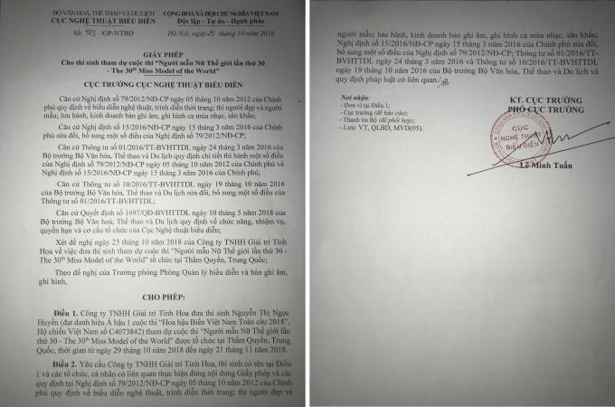 Giấy phép Cục Nghệ thuật biểu diễn cấp cho thí sinh tham dự cuộc thi “Người mẫu nữ Thế giới lần thứ 30 - The 30th Miss Model of the World”.