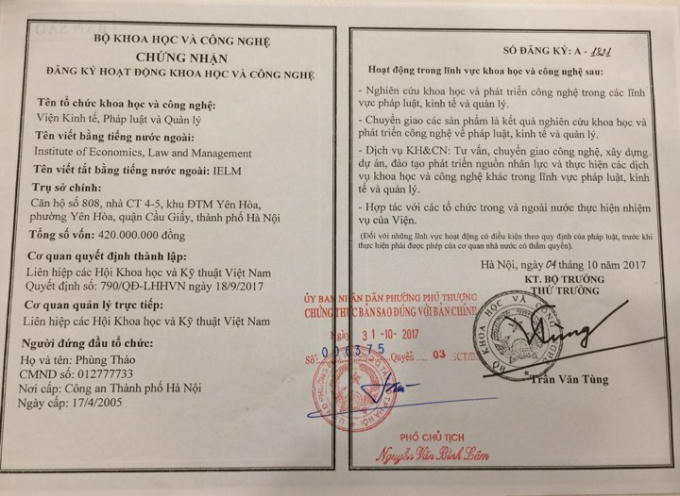 Giấy chứng nhận đăng kí hoạt động Khoa học và Công nghệ A -1821.