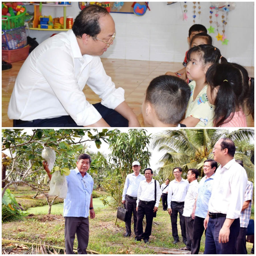 Trước đó, ông Nguyễn Hồ Hải - Bí thư Tỉnh ủy Cà Mau và Đoàn công tác đã khảo sát thực tế tại mô hình tiêu biểu trên địa bàn phường như Trường Mầm non Phong Thạnh Đông, mô hình trồng bưởi kết hợp nuôi cá tại khóm 13A.