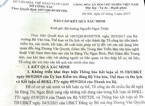 Kết quả kiểm tra, xác minh của Tổ công tác Bộ VH-TT-DL