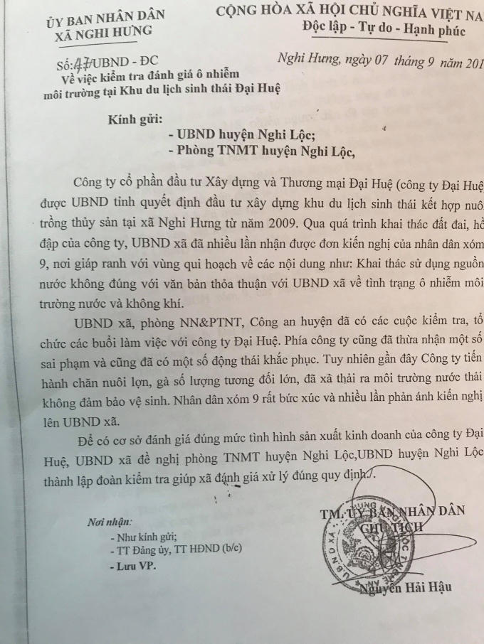 Văn bản của UBND xã Nghi Hưng, trong đó phía công ty Đại Huệ cũng thừa nhận những sai phạm trong quá trình hoạt động.