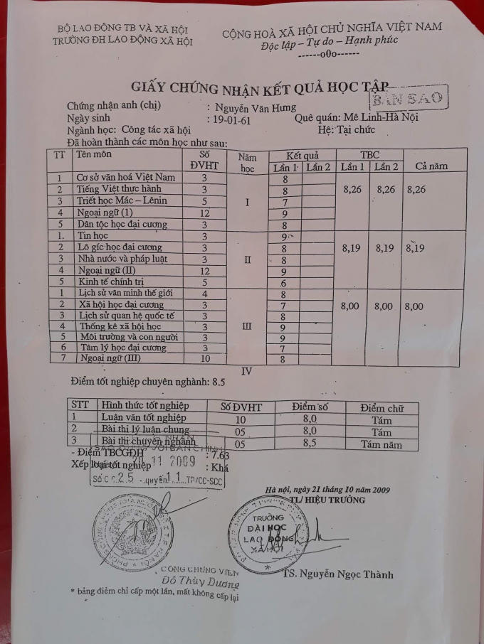 Vị trưởng phòng Hành chính tổng hợp của trường Đại học - Lao động xã hội khẳng định: "Không có ai là Tiến sĩ Nguyễn Ngọc Thành như trong bảng điểm”.