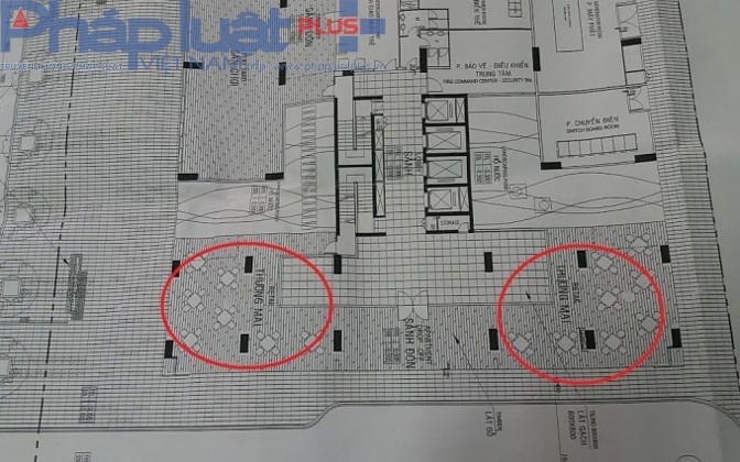 Bản vẽ thiết kế ban đầu mặt bằng tầng 1 chung cư VP4 Linh Đàm, phần khoanh đỏ là diện tích thương mại, vị trí chủ đầu tư đang xây dựng kiot không có các hạng mục hiện đang thi công.