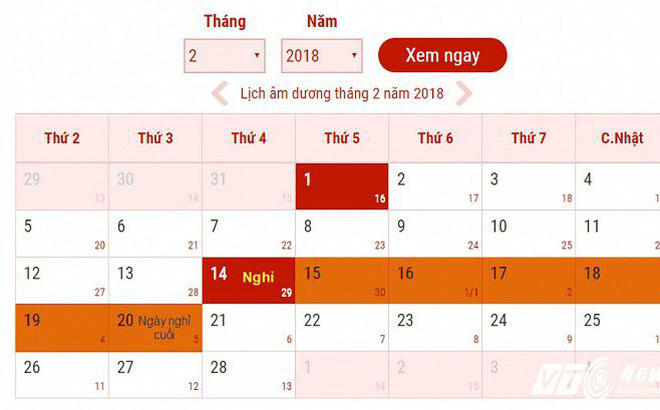 Lịch nghỉ tết Nguyên đán 2017 chính thức. (Ảnh: Vtc New)