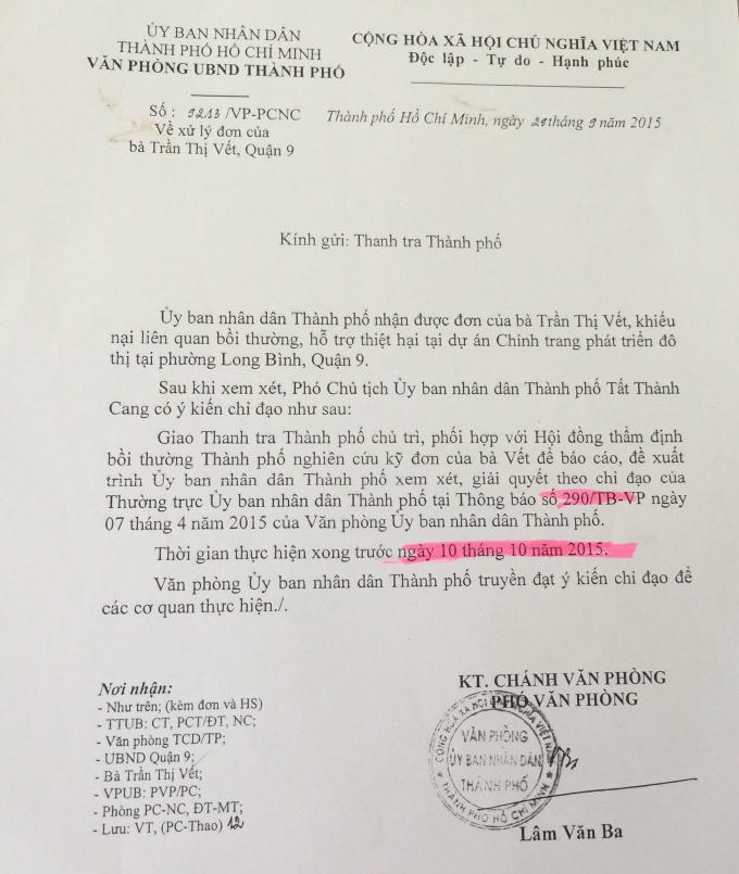 Văn bản số 9213/VP-PCNC ngày 29/09/2015 của VP UBND TPHCM truyền đạt ý kiến chỉ đạo của PCT UBND TP Tất Thành Cang về việc thẩm định, báo cáo đề xuất trường hợp khiếu nại của bà Trần Thị Vết trước ngày 10/10/2015