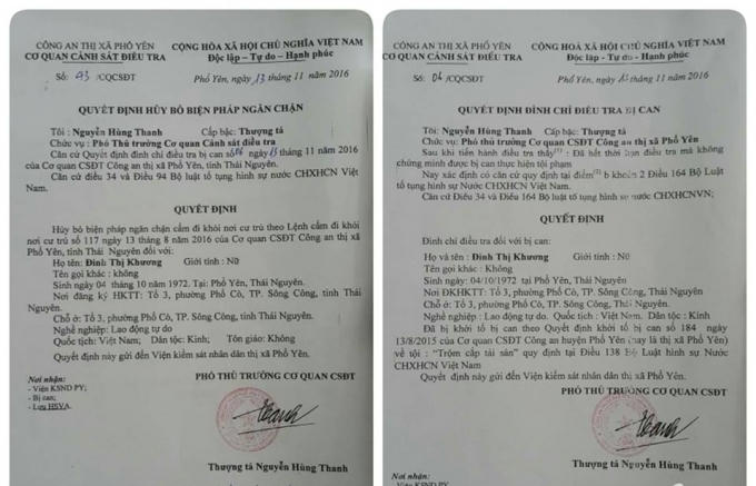 Quyết định đình chỉ bị can và Quyết định hủy bỏ biện pháp ngăn chặn cấm đi khỏi nơi cư trú đối với bà Đinh Thị Khương.