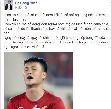 Thông tin tiền đạo Lê Công Vinh giải nghệ xuất hiện trên trang Facebook của anh.