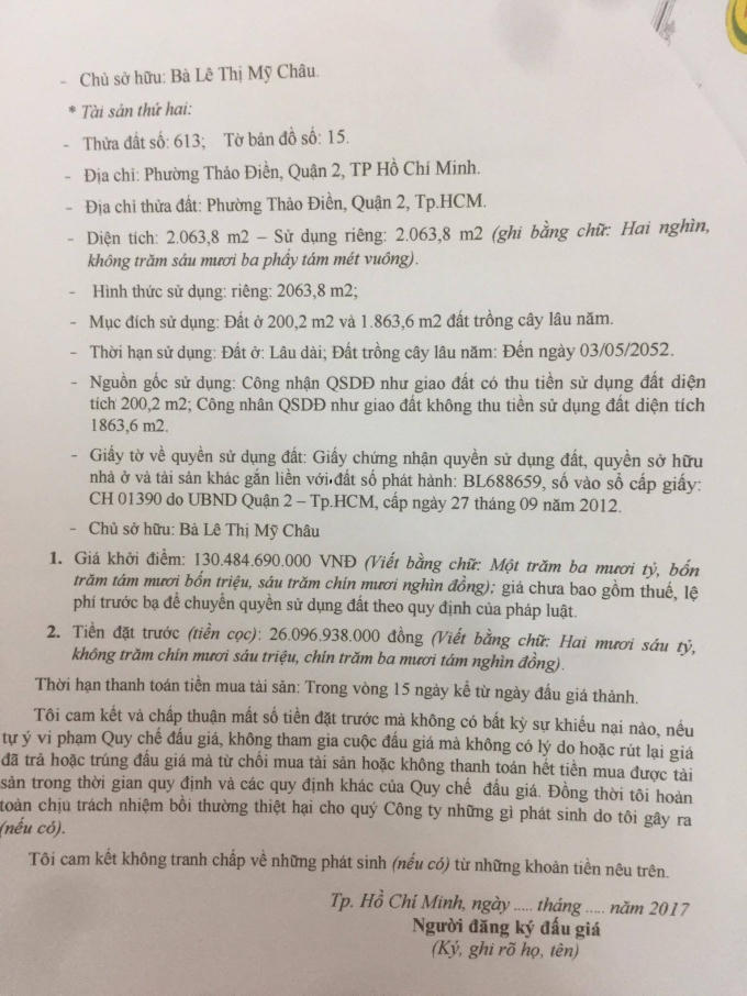 Hồ sơ đấu gía này thể hiện chủ đất vẫn là bà Châu.