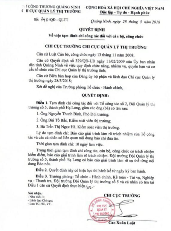 Quyết định đình chỉ công tác đối với các cán bộ Tổ công tác số 2, Đội quản lý thị trường số 5.
