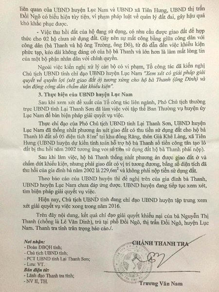 Thanh tra tỉnh kết luận UBND huyện Lục Nam và UBND xã Tiên Hưng, UBND thị trấn Đồi Ngô có biểu hiện tùy tiện, vi phạm pháp luật về quản lý đất đai, gây hậu quả khó khắc phục được.