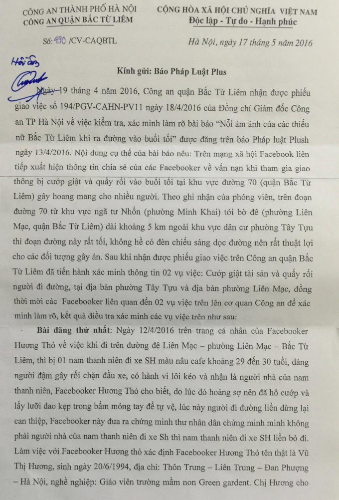 Công văn phúc đáp của Công an quận Bắc Từ Liêm gửi Tòa soạn Pháp luật Plus.
