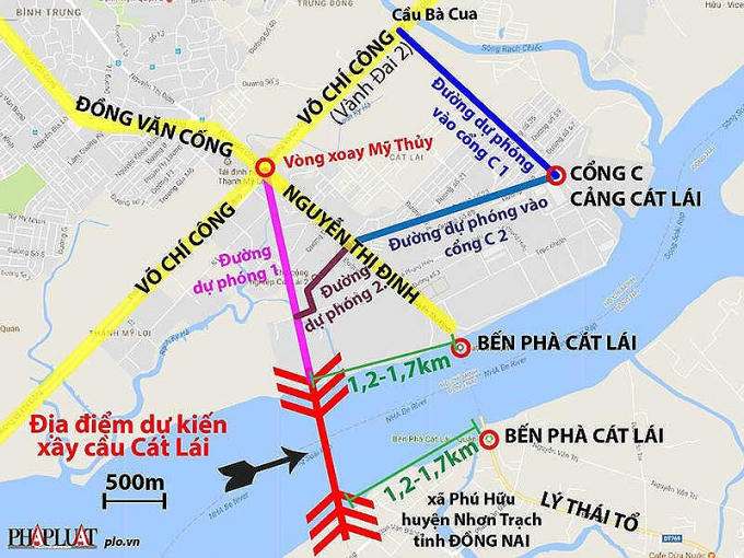 Vị trí dự kiến xây cầu Cát Lái và đường quanh khu vực cảng Cát Lái. Đồ họa: HỒ TRANG