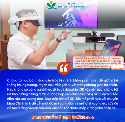 Ekip phẫu thuật đã ứng dụng công nghệ thực tế ảo, dựng hình 3D xóa nền để thực hiện ca phẫu thuật nối thông bạch huyết (bạch mạch) vào hệ thống tĩnh mạch cho bệnh nhi. (Ảnh: Bệnh viện Nhi Trung ương)