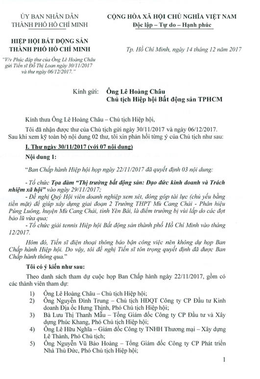 Thư phúc đáp ông Châu của bà Loan.