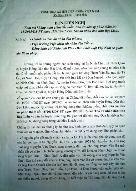 Đơn kiến nghị tập thể dân.