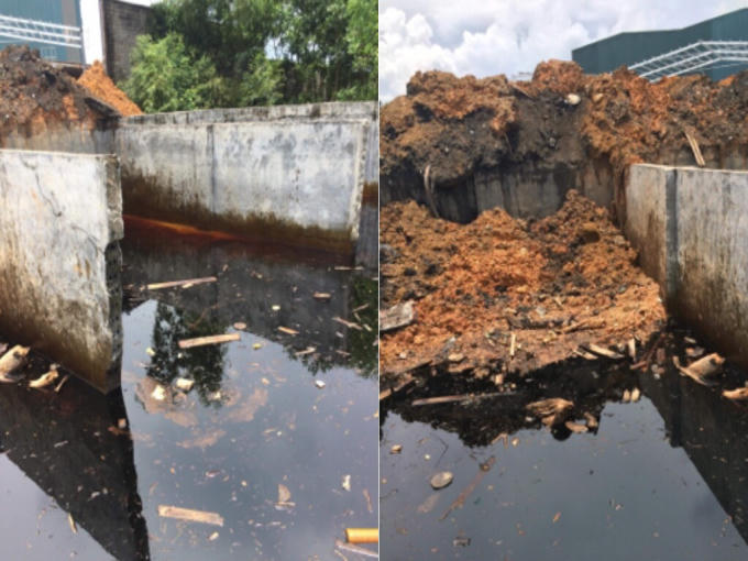 Nước thải lắng đọng đang được công ty xử lý bằng cách lấp đất lên bề mặt nước thải.