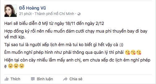 Chia sẻ của quản lý Hari Won trước đó.