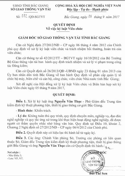 Quyết định kỷ luật ông Nguyễn Văn Thục.