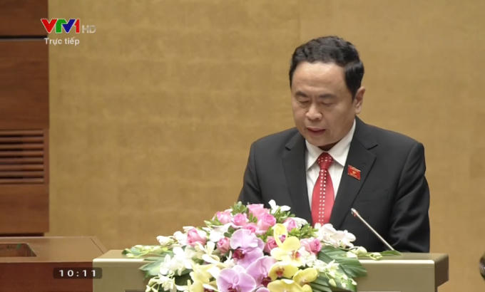 Chủ tịch Ủy ban Trung ương MTTQ Việt Nam Trần Thanh Mẫn trình bày Báo cáo tổng hợp ý kiến, kiến nghị của cử tri và nhân dân cả nước gửi tới Quốc hội sáng 23/10.