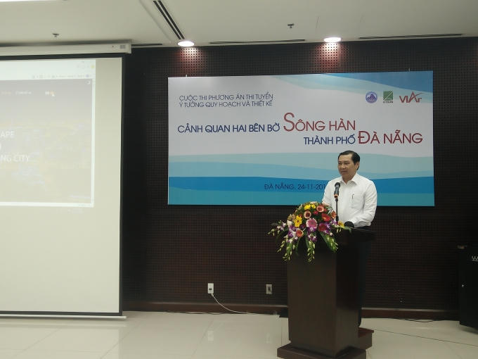Chủ tịch UBND TP Đà Nẵng Huỳnh Đức Thơ phát biểu tại cuộc thi. Ảnh Vân Trương