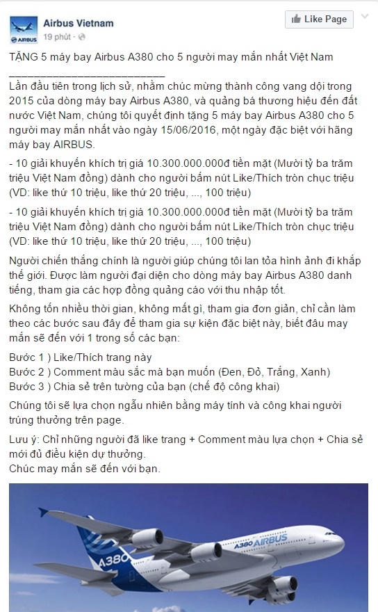 Thậm chí còn hồn nhiên tặng cả máy bay để "câu like" cho fanpage.