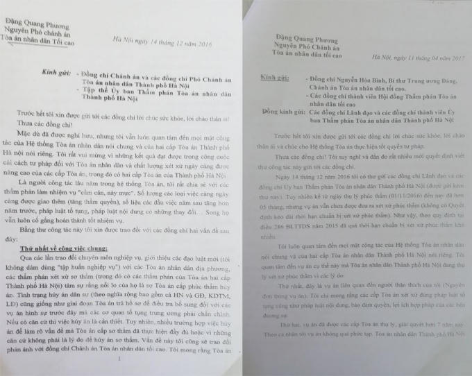 Thư của ông Đặng Quang Phương, Nguyên phó chán án TANDTC gửi thư tới lãnh đạo TANDTC và TAND TP Hà Nội.