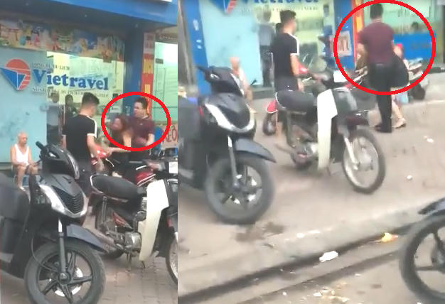 Người&nbsp;đ&agrave;n&nbsp;&ocirc;ng&nbsp;đ&aacute;nh c&ocirc; g&aacute;i tới tấp tr&ecirc;n phố X&atilde; Đ&agrave;n.&nbsp;Ảnh: Cắt từ clip.