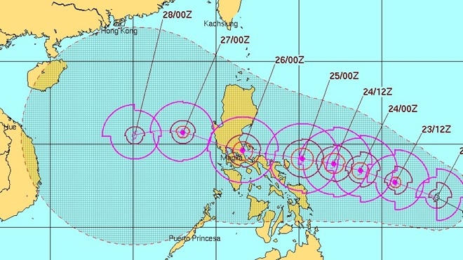 Hướng di chuyển của b&atilde;o Nock-ten từ ng&agrave;y 22 đến 27/12. Ảnh: vtc.vn
